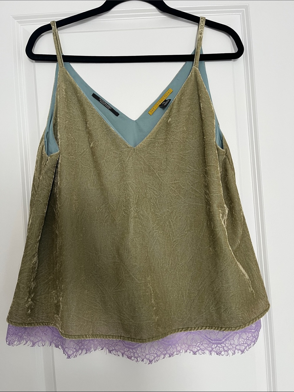 Velvet Olive Green with Lavender Lace-Trim Cami Top by SCOTCH & SODA MAISON SCOT